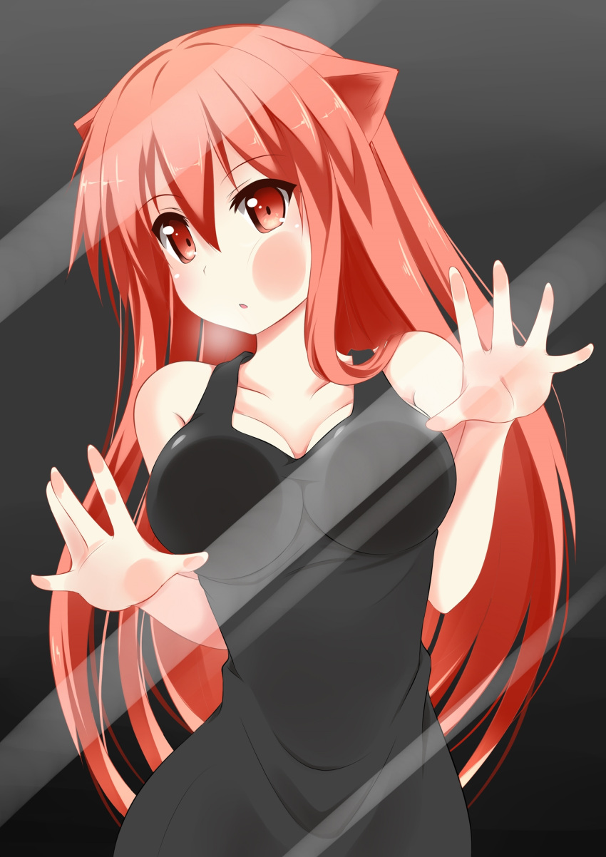 1girl against_glass animal_ears bare_arms bare_shoulders black_dress breast_press breasts cat_ears catstudioinc_(punepuni) cheek_press cleavage collarbone dress fourth_wall highres long_hair original puni_(miku_plus) red_eyes redhead reflection sleeveless sleeveless_dress solo very_long_hair