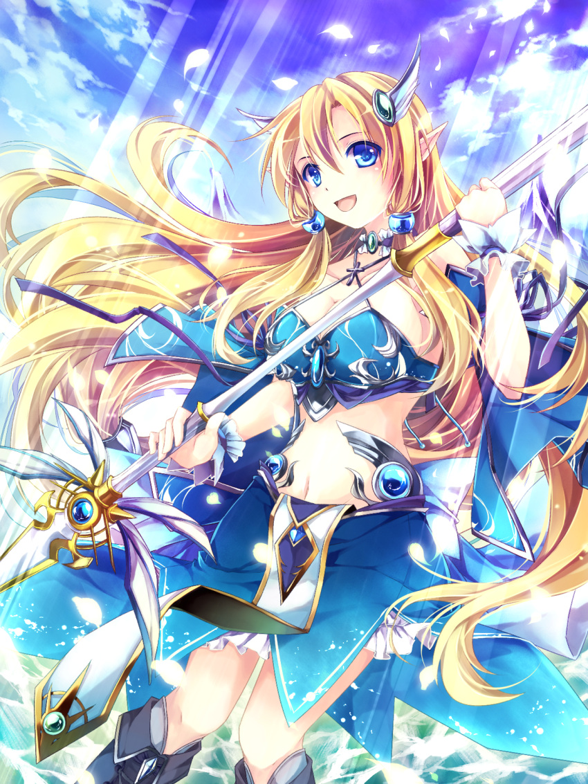 1girl :d blonde_hair blue_eyes boots breasts cleavage criss-cross_halter halter_top halterneck headgear highres long_hair marimo_moka open_mouth payot petals pointy_ears polearm skirt smile spear tagme weapon wrist_cuffs