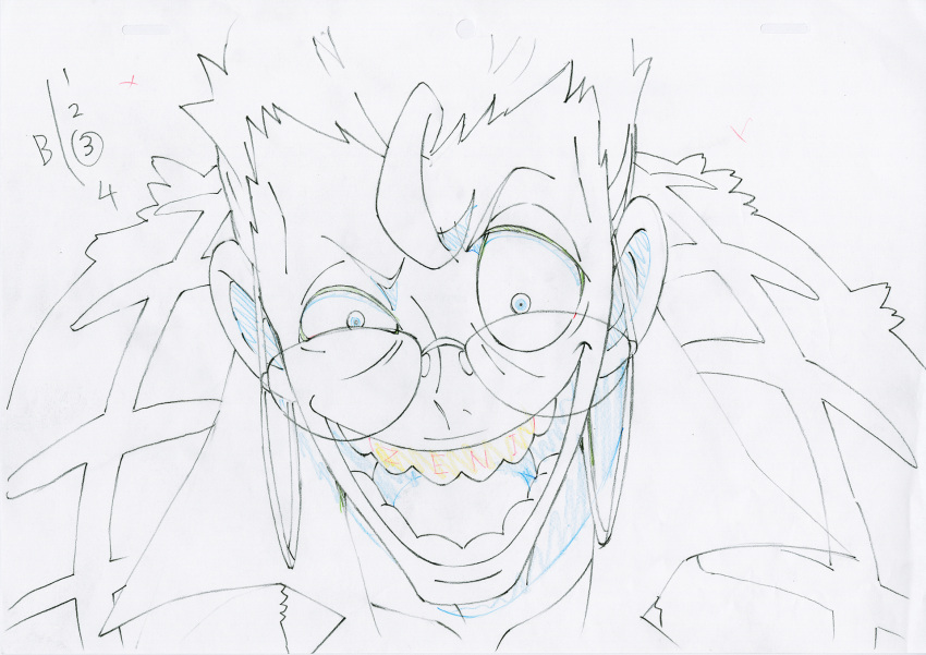 1boy chair commentary crazy_eyes crazy_smile evil_grin evil_smile fingers glasses grill grin hands highres key_frame kill_la_kill laughing official_art parody partially_colored production_art production_note promotional_art signature simple_background sitting sketch smile takarada_kaneo teeth trigger_(company) white_background yakuza
