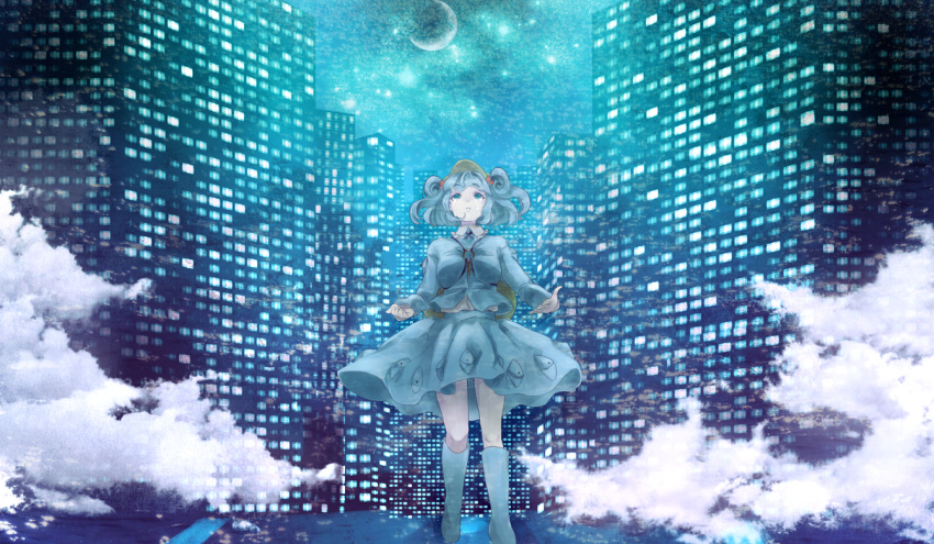 1girl backpack bag between_breasts blue_eyes blue_hair blush boots breasts building building_block clouds dress hair_bobbles hair_ornament hat kawashiro_nitori key long_sleeves moon night night_sky ocean open_mouth pocket rubber_boots sad shirt short_hair short_twintails skirt skirt_set sky skyscraper solo tears touhou twintails water