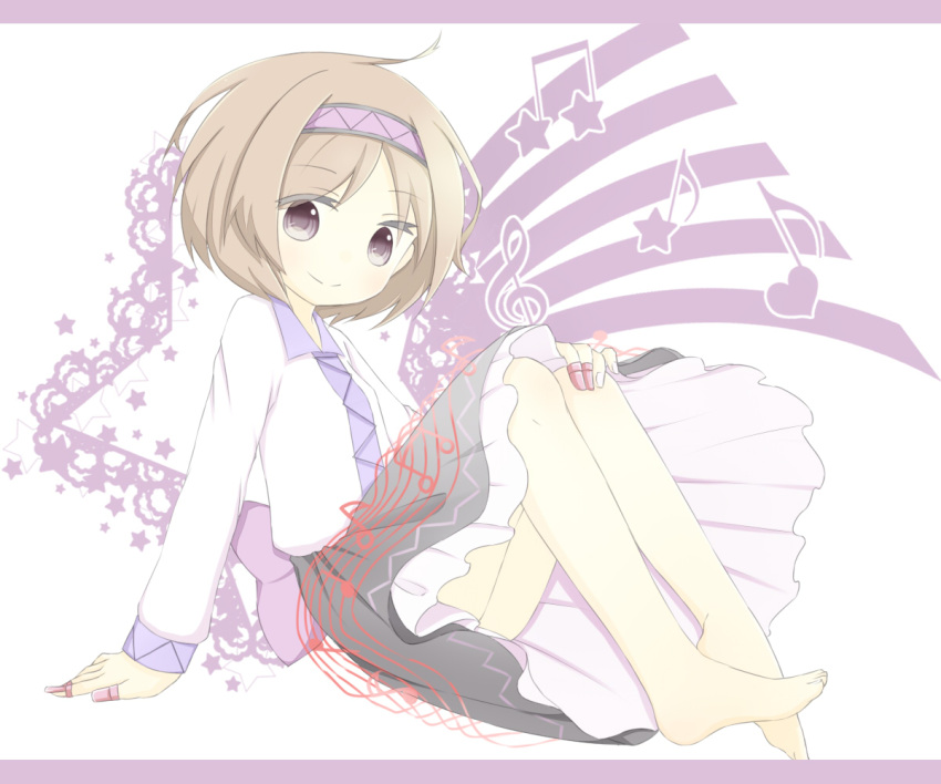 1girl arm_support barefoot blouse brown_hair ellipsis_(mitei) hairband hand_on_knee heart knees_up letterboxed long_sleeves looking_at_viewer musical_note pale_color short_hair simple_background sitting skirt smile solo staff_(music) star touhou treble_clef tsukumo_yatsuhashi violet_eyes white_background
