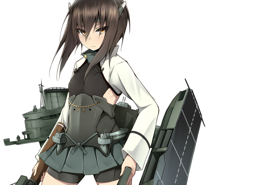 1girl bike_shorts bow_(weapon) brown_eyes brown_hair crossbow flat_chest headband highres kantai_collection looking_at_viewer personification short_hair skirt solo taihou_(kantai_collection) weapon