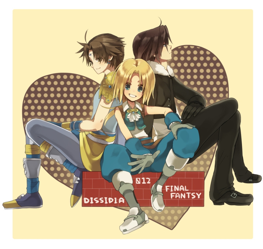 3boys blonde_hair blue_eyes boots brown_hair butz_klauser copyright_name dissidia_final_fantasy final_fantasy final_fantasy_ix final_fantasy_v final_fantasy_viii gloves grin heart highres hiyo_kiki long_hair male multiple_boys smile squall_leonhart typo zidane_tribal