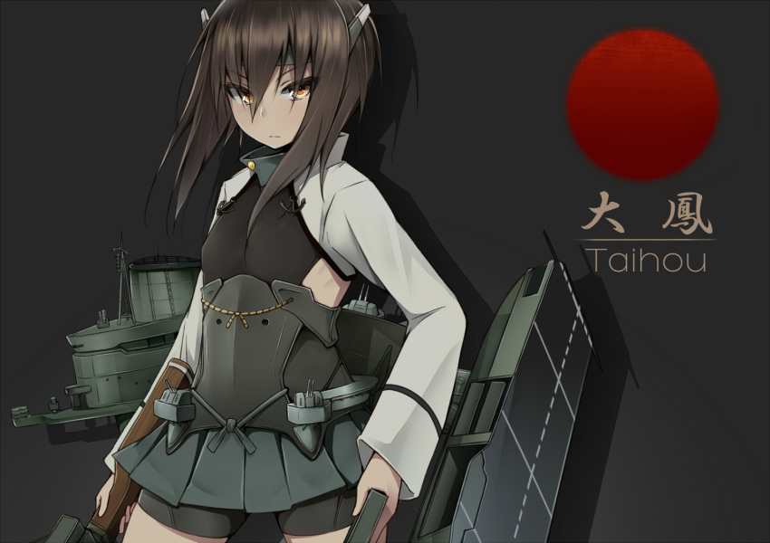 1girl aa_gun bike_shorts blush bow_(weapon) brown_eyes brown_hair character_name clip_(weapon) crossbow flat_chest flight_deck headband headgear highres japanese_flag kantai_collection personification short_hair shorts_under_skirt skirt smile solo taihou_(kantai_collection) weapon