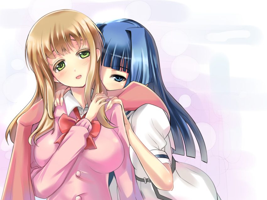 2girls blonde_hair blue_eyes blue_hair blush bow collared_shirt colored_eyelashes green_eyes half-closed_eyes hand_on_another's_shoulder hirose_sumire holding_hands looking_at_viewer matsumi_yuu multiple_girls piaroo saki school_uniform simple_background