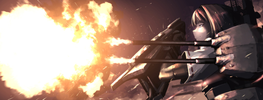 1girl brown_eyes brown_hair cannon female firing hetza_(hellshock) highres hyuuga_(kantai_collection) japanese_clothes kantai_collection mecha_musume personification profile shield short_hair solo