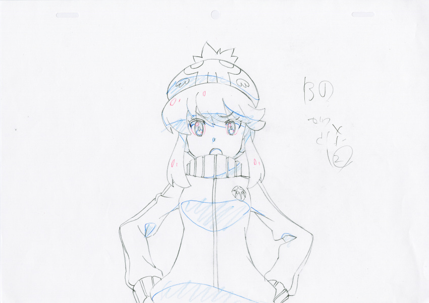 1girl beanie commentary hat highres jakuzure_nonon key_frame kill_la_kill official_art open_mouth partially_colored production_art production_note promotional_art short_hair signature simple_background sketch skull star track_jacket track_suit trigger_(company) uniform white_background
