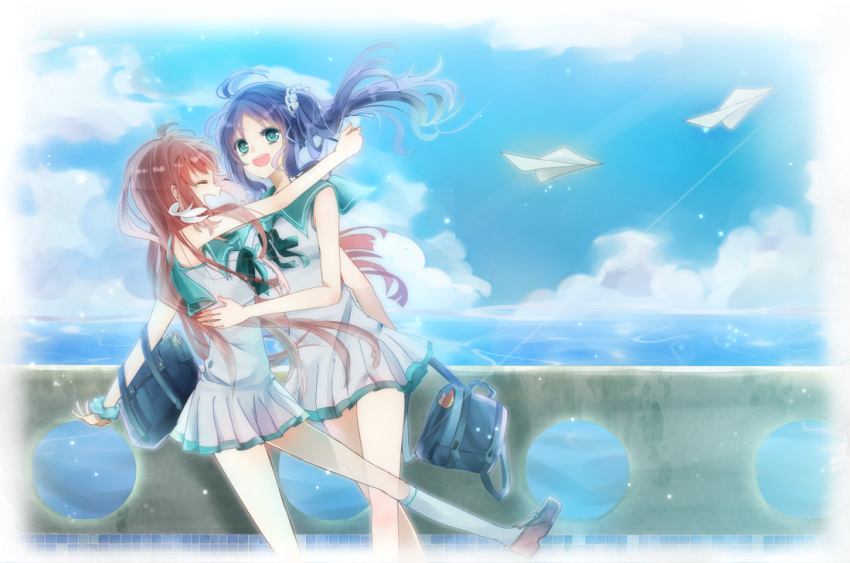 2girls blue_eyes blue_hair brown_hair closed_eyes hiradaira_chisaki hug long_hair mukaido_manaka multiple_girls nagi_no_asukara ringoro sailor_dress school_uniform side_ponytail smile