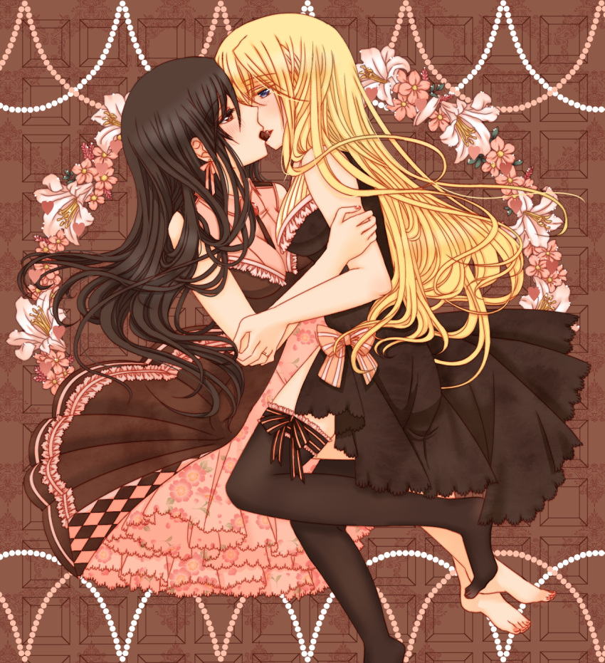 2girls amulet barefoot black_dress black_hair black_legwear blonde_hair blue_eyes bow breasts brown_background brown_eyes chocolate cleavage dress earrings eye_contact flower french_kiss frilled_dress frills full_body garter_straps garters half-closed_eyes highres hug jewelry kiss lily_(flower) long_hair looking_at_another multiple_girls nail_polish original sleeveless sleeveless_dress tagme thigh-highs willowonion yuri