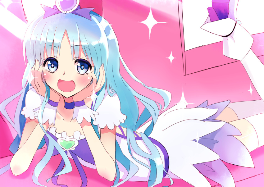 1girl :d blue_eyes blue_hair bow brooch choker cure_marine cure_slam hair_ornament hairpin hands_on_own_cheeks hands_on_own_face heartcatch_precure! highres jewelry kurumi_erika long_hair lying magical_girl open_mouth pink_background precure ribbon shoes skirt smile solo thigh-highs white_legwear wrist_cuffs