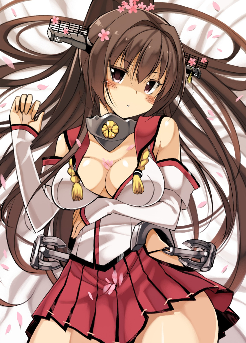 1girl anchor blush breasts brown_eyes brown_hair cherry_blossoms cleavage detached_sleeves flower hair_flower hair_ornament highres kantai_collection long_hair lying oota_yuuichi personification ponytail skirt solo yamato_(kantai_collection)