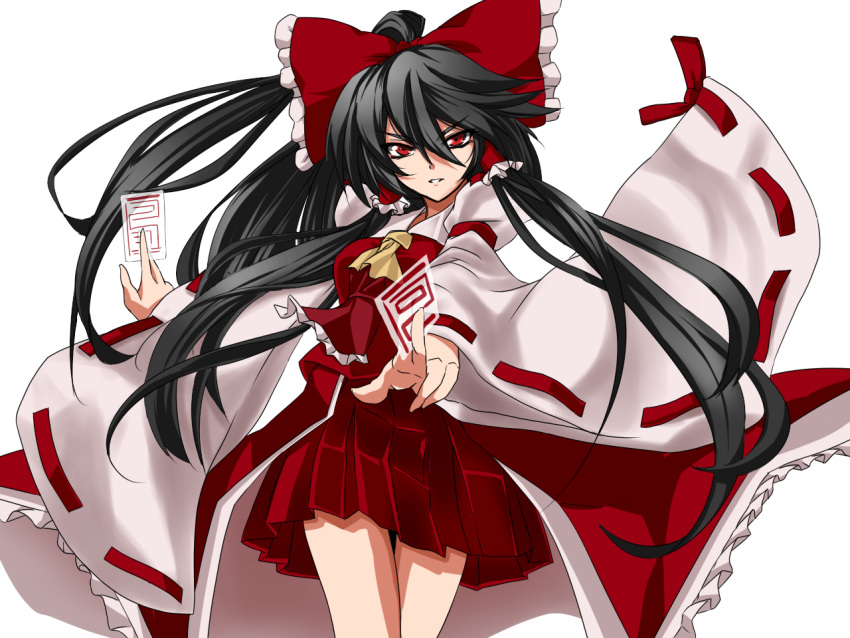 1girl armband ascot between_fingers black_hair bow breasts hair_bow hair_tubes hakurei_reimu kamo_(yokaze) long_hair looking_at_viewer ofuda parted_lips payot ponytail red_eyes shadow simple_background skirt skirt_set solo touhou tsurime white_background