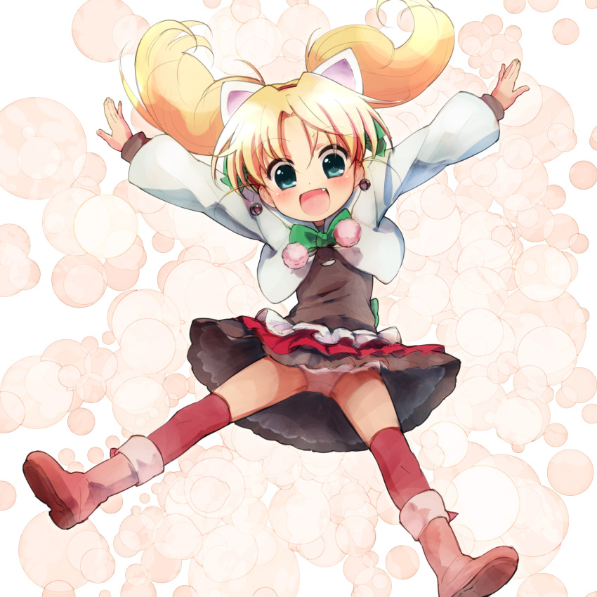 1girl :d \o/ animal_ears aqua_eyes arms_up blonde_hair boots cat_ears cropped_jacket dress fake_animal_ears fang hairband highres jewelpet_(series) jewelpet_tinkle jumping miria_marigold_mackenzie nyama open_mouth outstretched_arms panties pantyshot red_legwear smile solo thighhighs twintails underwear