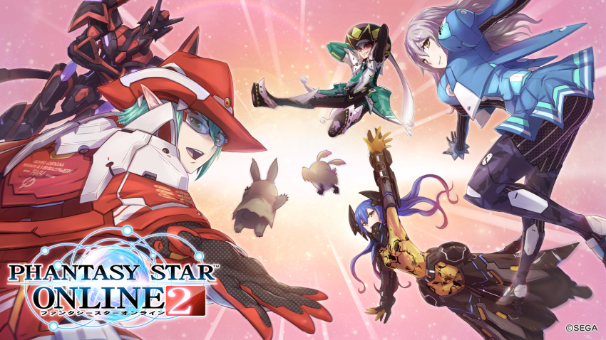 _(pso2) android blue_hair equestio_outfit highres long_hair multicolored_hair phantasy_star phantasy_star_online_2 pointy_ears quna_(pso2) rappy weiss_croon_outfit yellow_eyes
