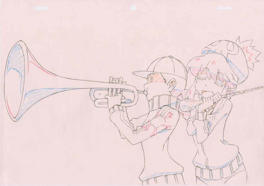 2girls arm baton_(instrument) beanie cap commentary happy hat highres hug instrument jakuzure_nonon key_frame kill_la_kill multiple_girls official_art open_mouth partially_colored patch production_art production_note promotional_art red_background short_hair signature sketch skull smile star track_jacket track_suit trigger_(company) trumpet uniform