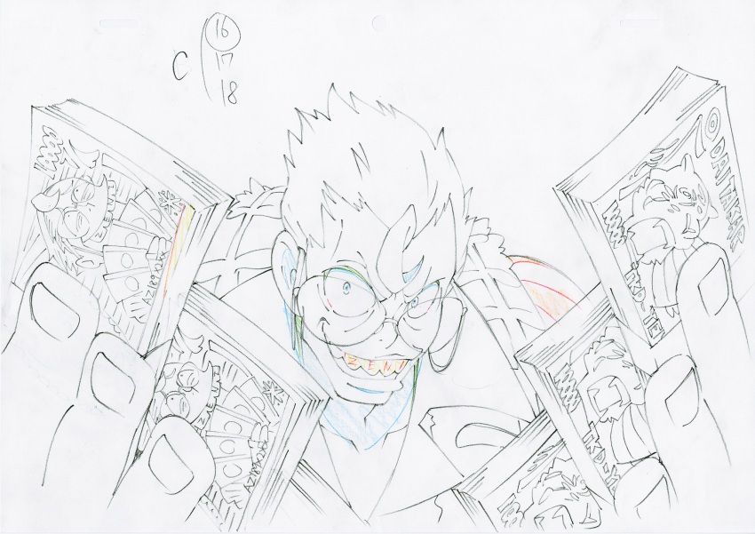 1boy commentary evil_grin evil_smile fingers glasses grill grin hands hanshin_tigers highres key_frame kill_la_kill laughing money official_art parody partially_colored production_art production_note promotional_art signature simple_background sketch smile takarada_kaneo teeth tiger trigger_(company) white_background yakuza