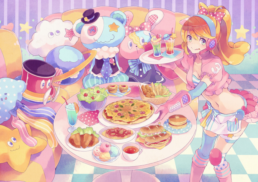 1girl blonde_hair blue_eyes booota food headset looking_at_viewer navel ponytail solo stuffed_animal stuffed_toy table tagme tray waitress