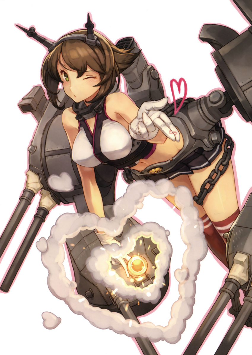 1girl ;&lt; absurdres bare_shoulders blown_kiss breasts brown_hair cannon gloves green_eyes headgear heart highres kantai_collection large_breasts leaning_forward mecha_musume midriff miniskirt mutsu_(kantai_collection) navel over-kneehighs personification pleated_skirt red_legwear scan shizuma_yoshinori short_hair skirt solo turret white_gloves wink