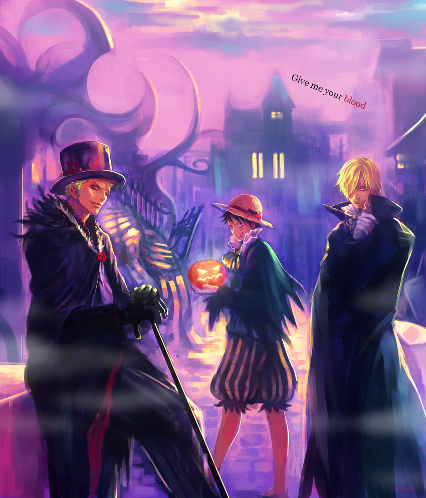 3boys barefoot bat black_hair blonde_hair blood cane cityscape cloak cravat english fangs formal glasses gloves green_hair hair_over_one_eye hat highres jack-o'-lantern looking_at_viewer male monkey_d_luffy multiple_boys one_piece roronoa_zoro sanji scar stitches straw_hat striped_shorts suit top_hat tsuyomaru vampire