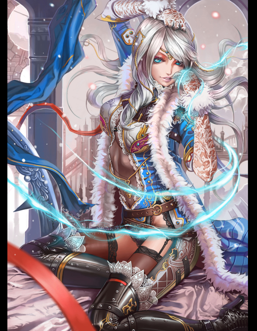 1girl black_legwear boots breasts dantewontdie elbow_gloves fur_trim garter_straps gloves green_eyes high_heels highres lace lace-trimmed_thighhighs lips long_hair looking_at_viewer original silver_hair smile solo thigh-highs thigh_boots white_gloves
