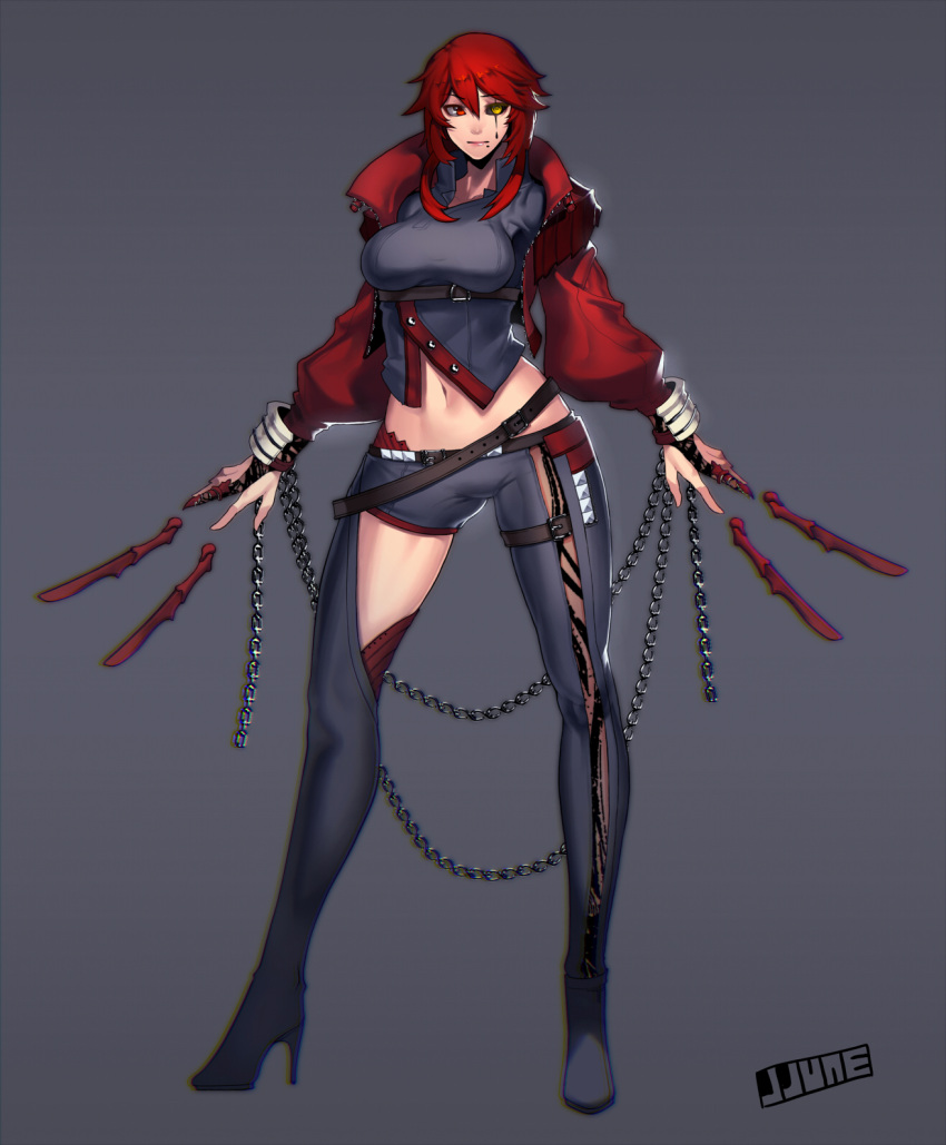1girl asymmetrical_clothes belt black_sclera boots breasts bridal_gauntlets chain eartha_(jjune) grey_background heterochromia high_heels highres jacket jjune knife large_breasts midriff mole navel original red_eyes red_jacket redhead short_hair solo thigh-highs thigh_boots