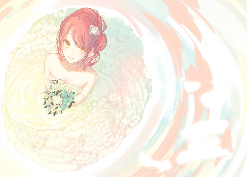 1girl bare_shoulders bouquet bride dress flower from_above hair_flower hair_ornament highres la-na looking_up original redhead smile solo wedding_dress yellow_eyes