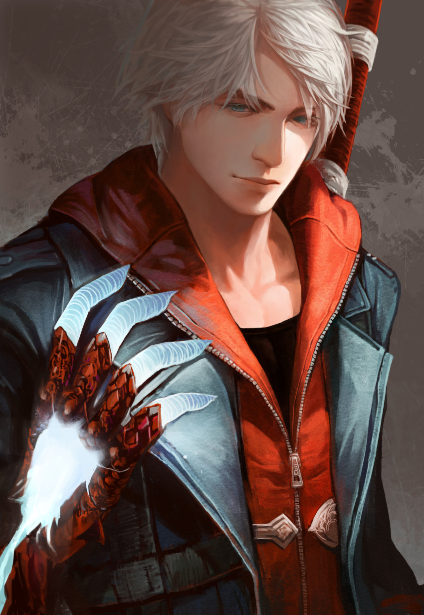 1boy absurdres akumey blue_eyes devil_bringer devil_may_cry devil_may_cry_4 highres nero_(devil_may_cry) solo white_hair