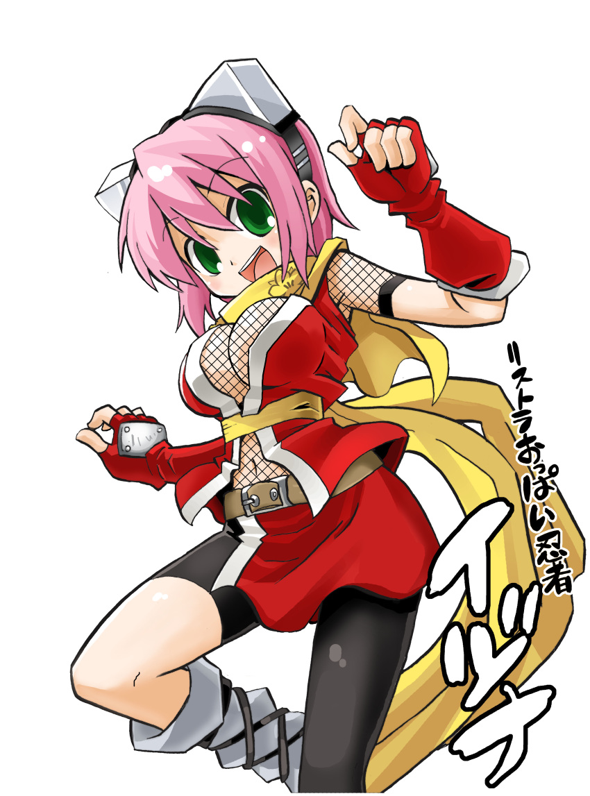 1girl absurdres bike_shorts breasts fingerless_gloves fishnets gloves goggles green_eyes highres izuna large_breasts legend_of_the_unemployed_ninja midriff navel ninja pink_hair riita_iga short_hair solo