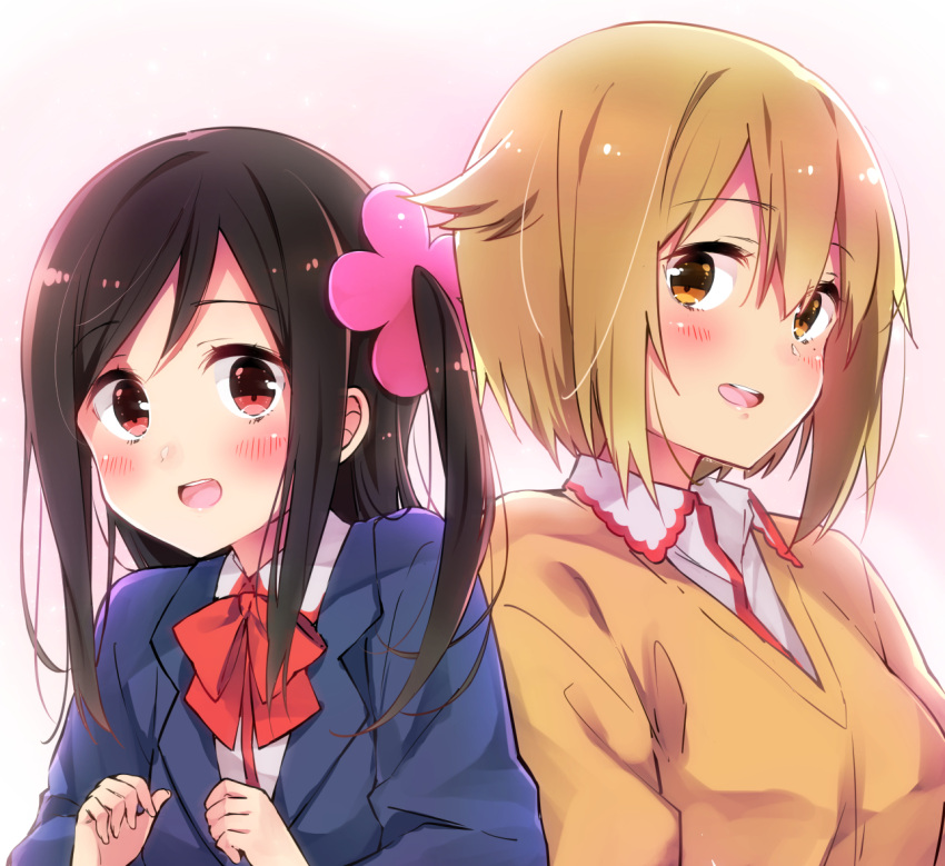 2girls :d blazer blonde_hair blue_jacket blush brown_hair collared_shirt commentary_request dot_nose eyebrows_visible_through_hair flower gradient gradient_background hair_flower hair_ornament happy hitori_bocchi hitoribocchi_no_marumaru_seikatsu jacket long_hair looking_at_viewer mole mole_under_eye multiple_girls one_side_up orange_sweater pink_flower red_eyes shirt short_hair side-by-side simple_background sk02 smile sunao_nako sweater upper_body yellow_eyes