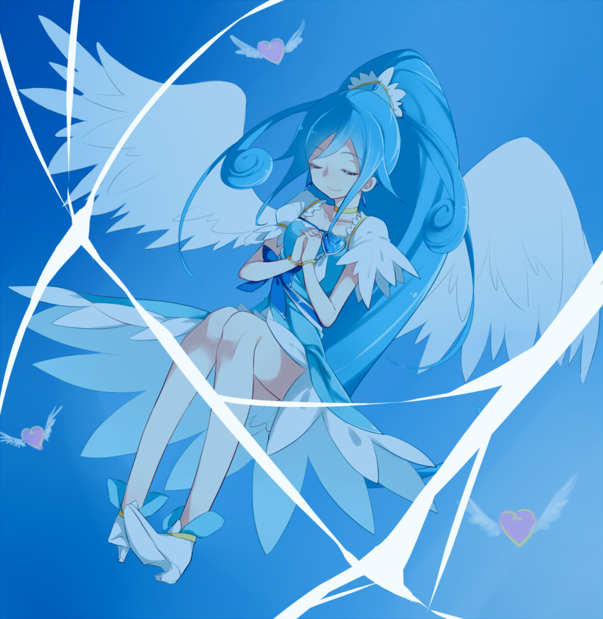 1girl angel_wings asymmetrical_clothes blue_dress blue_hair boots buts_(11067) choker closed_eyes cure_diamond curly_hair dokidoki!_precure dress earrings hair_ornament happy heart high_heels highres hishikawa_rikka ice jewelry long_hair magical_girl ponytail precure smile solo wings