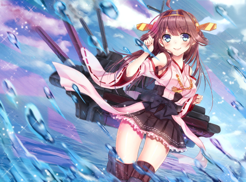1girl absurdres ahoge bare_shoulders blue_eyes breasts brown_hair detached_sleeves double_bun hair_ornament hairband headgear highres japanese_clothes kantai_collection kongou_(kantai_collection) long_hair nontraditional_miko personification ribbon-trimmed_sleeves ribbon_trim smile solo thighhighs wa_sakaidera_umeko water