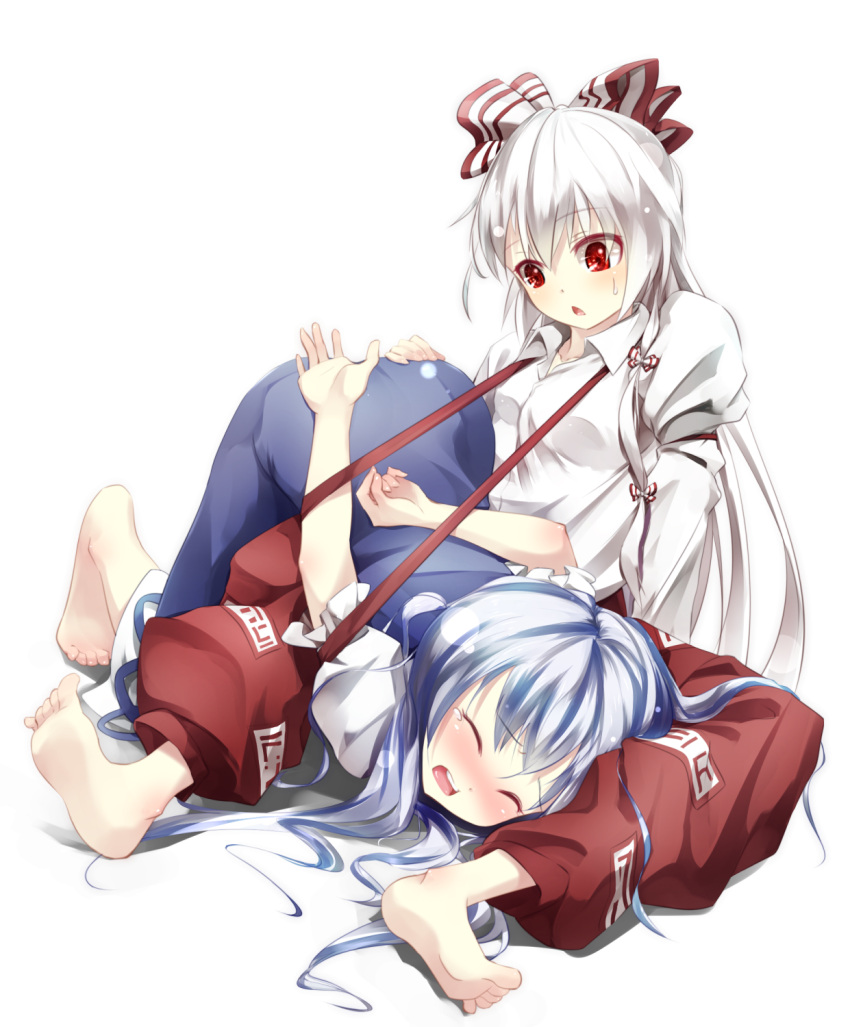 2girls all_fours barefoot blue_dress blush bow closed_eyes commentary_request dress entangled fujiwara_no_mokou gorilla_(bun0615) hair_bow hair_ribbon hand_on_ass highres juliet_sleeves kamishirasawa_keine long_sleeves multiple_girls pants puffy_sleeves red_eyes ribbon shirt short_hair silver_hair simple_background sitting suspenders sweatdrop tears top-down_bottom-up touhou tress_ribbon white_background