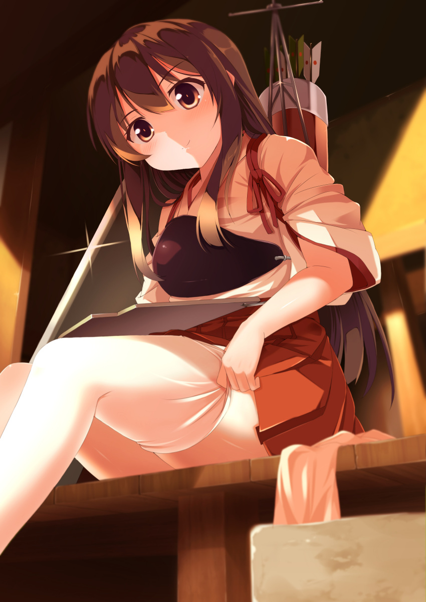 1girl absurdres akagi_(kantai_collection) arrow brown_hair highres japanese_clothes kantai_collection kyuu_pito long_hair muneate personification quiver smile solo thighhighs thighhighs_pull white_legwear