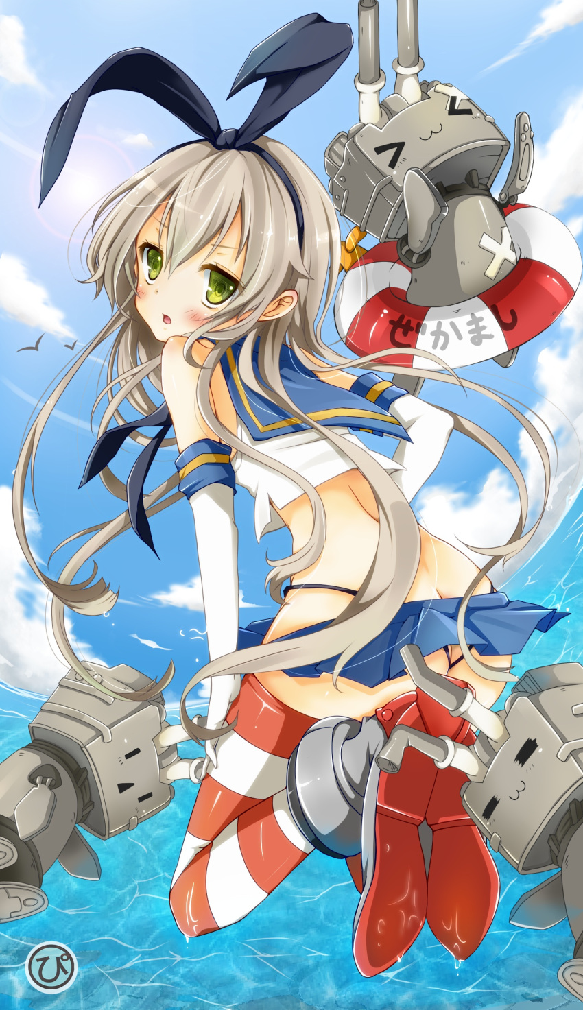 &gt;_&lt; 1girl :3 =_= absurdres ass blonde_hair elbow_gloves gloves green_eyes hair_ribbon highres innertube kantai_collection long_hair looking_at_viewer machinery microskirt mohumohu-san open_mouth panties personification rensouhou-chan ribbon shimakaze_(kantai_collection) skirt socks solo striped striped_legwear thighhighs turret underwear