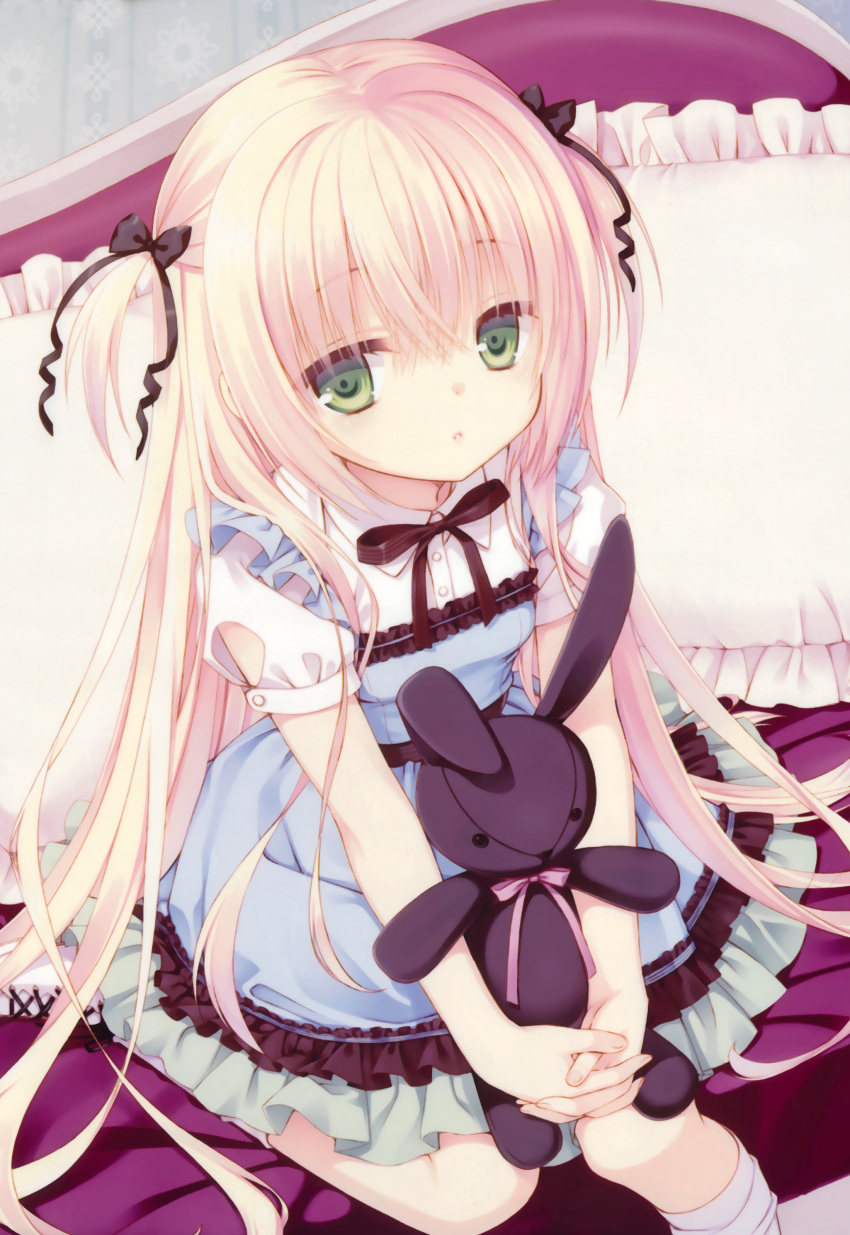 1girl absurdres blonde_hair bow child couch dress flat_chest frills green_eyes hair_bow hair_ornament hair_ribbon highres lolita_fashion long_hair looking_at_viewer muririn original pillow ribbon short_twintails sitting skirt socks solo stuffed_animal stuffed_bunny stuffed_toy sweet_lolita twintails very_long_hair