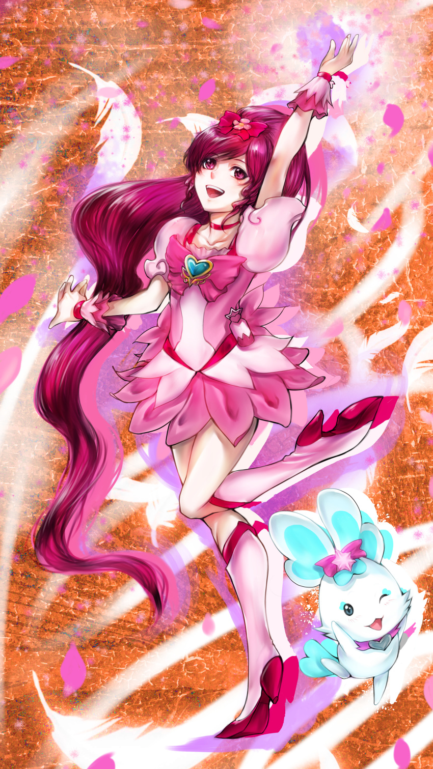 absurdres boots cherry_blossoms chypre_(heartcatch_precure!) cure_blossom dress hanasaki_tsubomi heart heartcatch_precure! highres knee_boots long_hair magical_girl open_mouth petals pink_eyes pink_hair ponytail precure ribbon rikune smile standing_on_one_leg wrist_cuffs