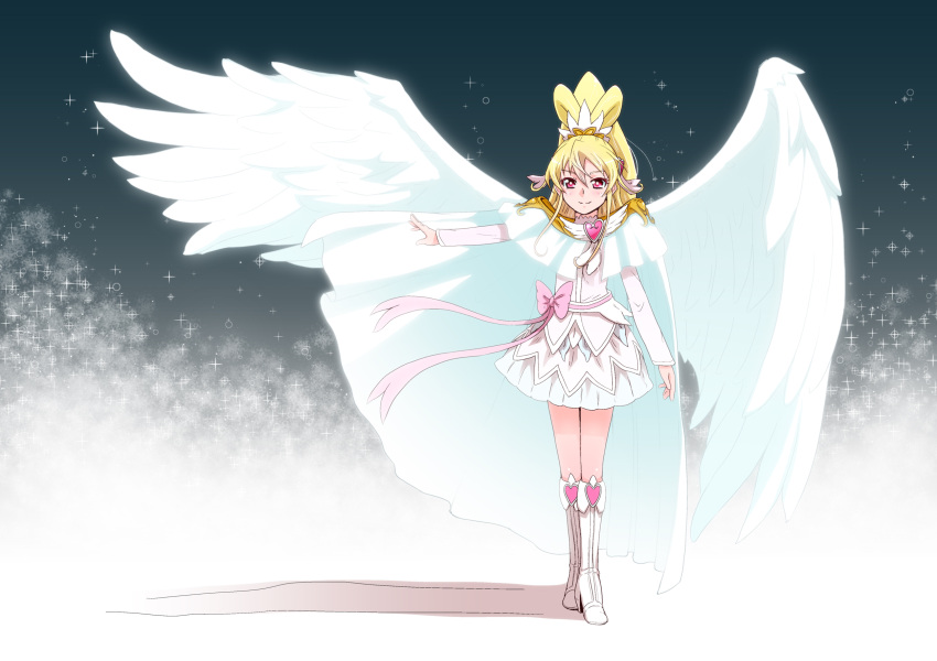 1girl aida_mana asymmetrical_wings blonde_hair boots brooch cape capelet cure_heart de_(deys) dokidoki!_precure dress engage_mode_(dokidoki!_precure) hair_between_eyes half_updo heart heart_print high_ponytail highres jewelry large_wings long_hair looking_at_viewer magical_girl outstretched_arm ponytail precure red_eyes shoulderless_dress smile solo sparkle white_dress white_legwear white_wings wings