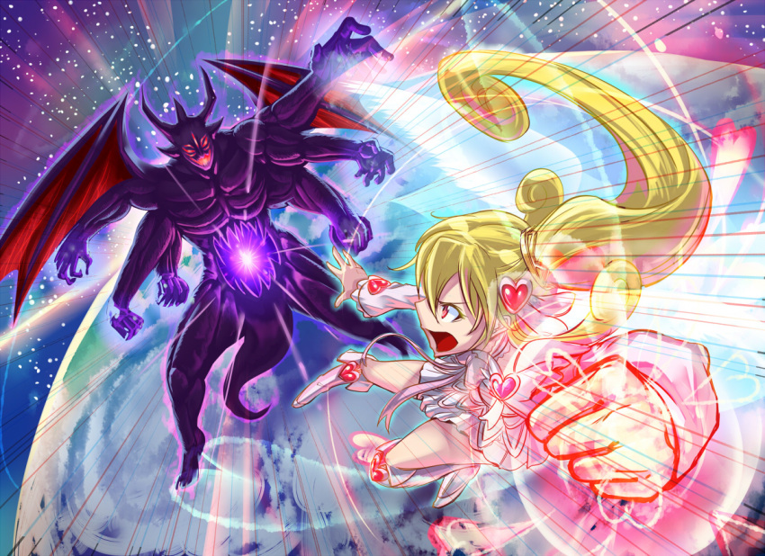 1girl :o aida_mana bat_wings battle blonde_hair boots bow clenched_hand cure_heart cure_heart_parthenon_mode curly_hair dokidoki!_precure extra_arms flying knee_boots long_hair magical_girl monster munakata muscle pink_eyes planet ponytail precure proto-jikochuu ribbon skirt wings