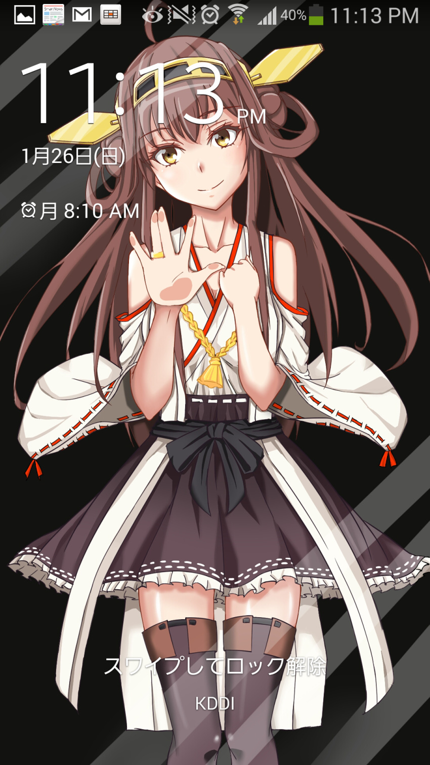 1girl against_glass android_(os) bare_shoulders black_legwear blush brown_hair cellphone detached_sleeves double_bun hair_ornament hairband headgear highres japanese_clothes kantai_collection kongou_(kantai_collection) long_hair nontraditional_miko personification phone skirt smartphone smile solo thigh-highs