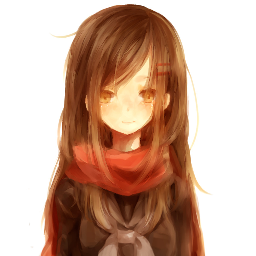 1girl brown_eyes brown_hair hair_ornament hairclip kagerou_project long_hair nora_(misato0301) scarf school_uniform solo tateyama_ayano