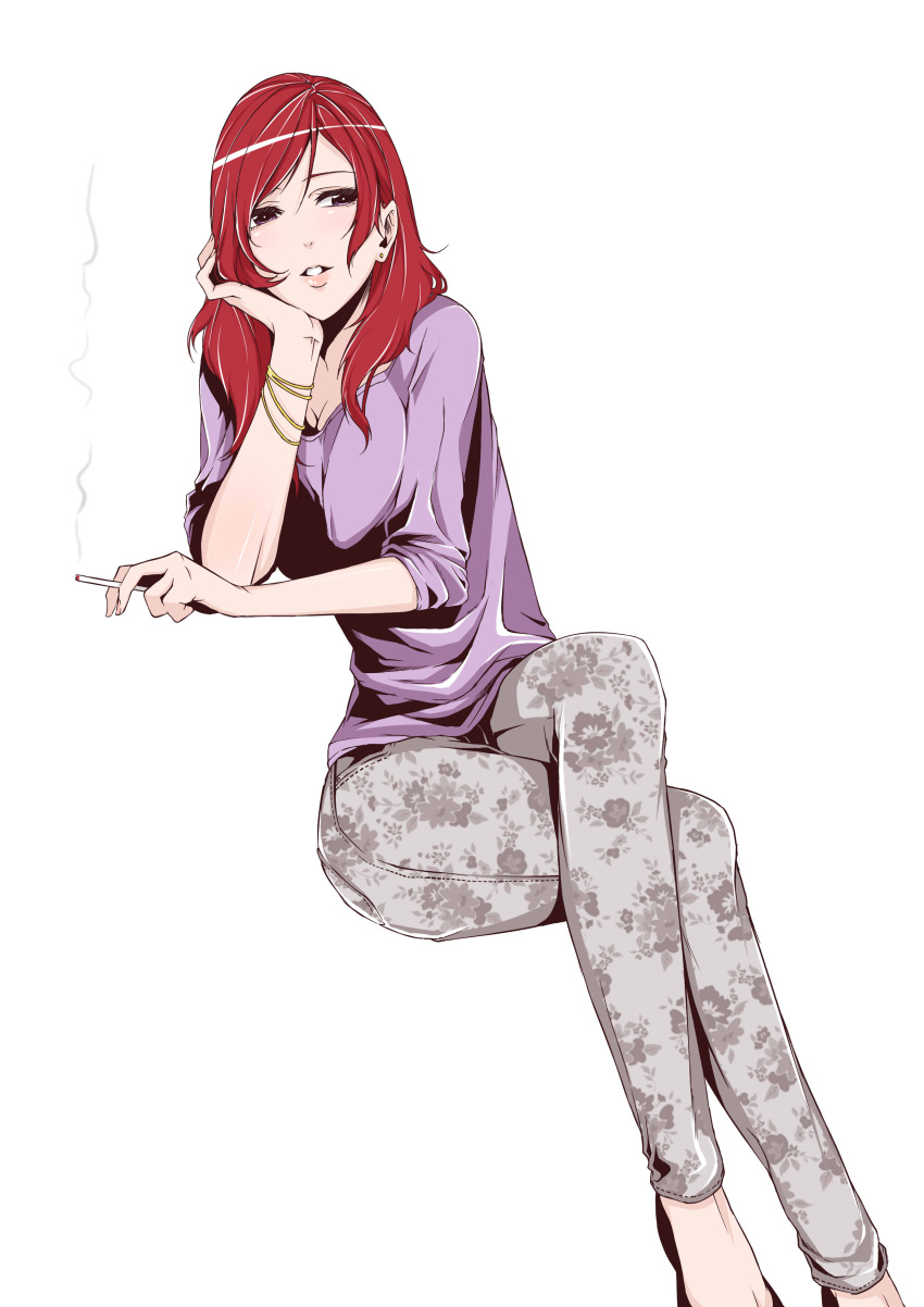 1girl absurdres adult bracelet chin_rest cigarette crossed_legs earrings highres jewelry long_hair love_live!_school_idol_project nishikino_maki pants redhead shirt solo vice_(vice29493493) violet_eyes