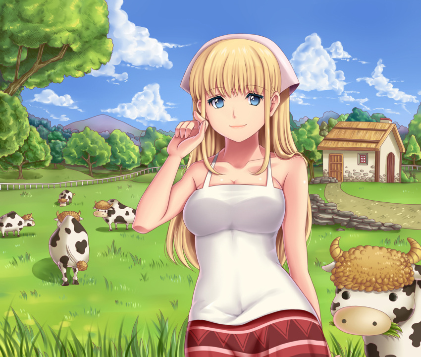 1girl animal blonde_hair blue_eyes breasts cleavage cloudy_sky cow dress farm fence forest grass horns house long_hair looking_at_viewer moda nature one_piece sleeveless smile solo yumiyokiak