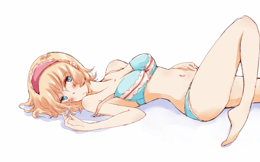 1girl alice_margatroid barefoot blonde_hair blue_bra blue_eyes blue_panties bow bow_bra bow_panties bra breasts cleavage hairband looking_at_viewer non_(z-art) panties short_hair solo touhou underwear underwear_only