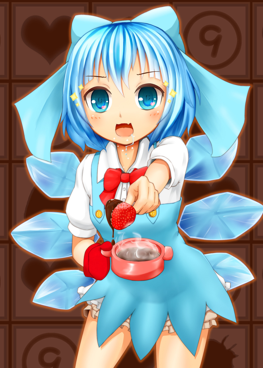 (9) 1girl bloomers blue_eyes blue_hair bow chocolate_bar chocolate_covered chocolate_making cirno dress drooling fang fondue food fruit giving hair_bow heart highres ice ice_wings looking_at_viewer open_mouth oven_mitts shiron_(e1na1e2lu2ne3ru3) short_hair short_sleeves solo sparkle strawberry touhou underwear wings