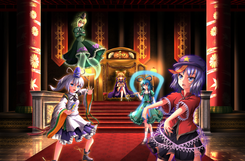 5girls ankle_boots bench between_fingers blouse blue_dress blue_eyes blue_hair boots cape column crossed_arms crossed_legs ddfftasogare detached_sleeves dress expressionless flying ghost_tail green_dress green_eyes green_hair hagoromo hair_ornament hair_rings hair_stick hat headphones high_heels highres indoors japanese_clothes kaku_seiga kariginu kikumon leg_ribbon light_brown_hair light_smile looking_at_viewer looking_down miyako_yoshika mononobe_no_futo multiple_girls ofuda open_mouth outstretched_arms petticoat pillar ponytail raised_hand red_carpet reflection ribbon ritual_baton sandals shawl short_sleeves silver_hair sitting skirt smile socks soga_no_tojiko stairs star stone_floor sword tapestry tate_eboshi touhou toyosatomimi_no_miko weapon yellow_eyes zombie_pose