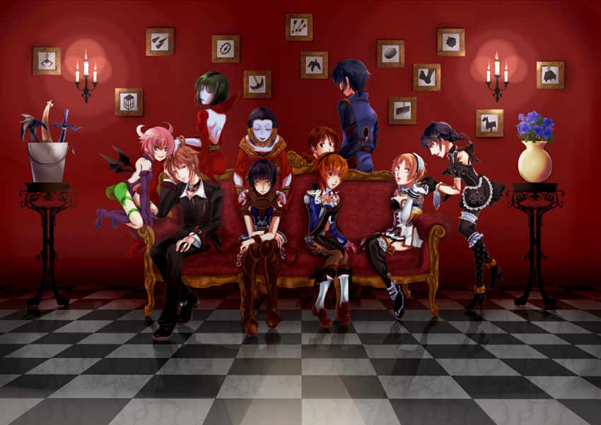 allura astarte_(deception) candlelight character_request checkered checkered_floor couch deception_(tecmo) everyone kagero_deception millenia painting prince_of_zemekia reina_(deception_3) suiu tagme trapt
