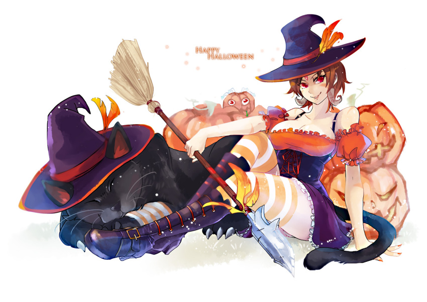1girl aa2233a arm_support boots breasts broom brown_hair cat closed_eyes earrings feathers halloween hat jack-o'-lantern jewelry large_breasts league_of_legends looking_at_viewer nidalee polearm red_eyes short_hair sitting sleeing socks solo spear striped striped_legwear thigh-highs weapon witch witch_hat