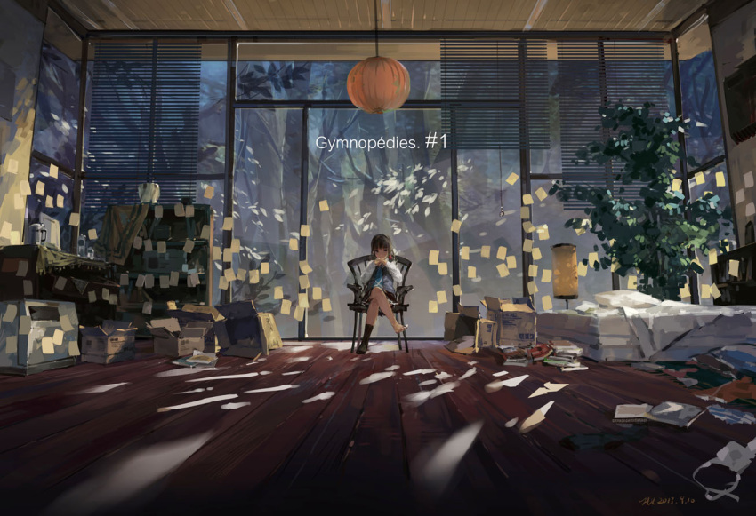 1girl artist_name bed book bottle box brown_hair cardboard_box chair dated hjl lamp necktie original pillow single_sock sitting skirt socks solo sticky_note tagme tree water_bottle window window_shade