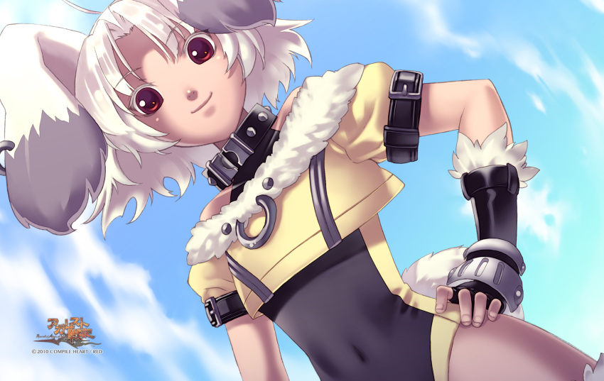 1girl 2010 agarest_senki agarest_senki_(series) albino animal_ears clothed_navel company_name copyright_name dutch_angle fingerless_gloves game_cg gloves halterneck hand_on_hip highres hirano_katsuyuki leotard official_art qua rabbit_ears red_eyes short_hair sky smile solo white_hair