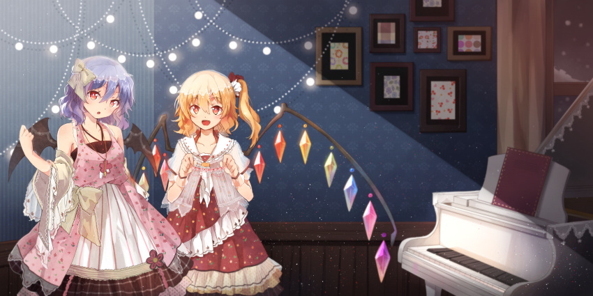 2girls adapted_costume album_cover bare_shoulders bat_wings blonde_hair blue_hair bow cover dress flandre_scarlet hair_bow hair_ribbon highres hika_(ozeluk) instrument layered_dress looking_at_viewer multiple_girls open_mouth piano pink_dress red_dress red_eyes remilia_scarlet ribbon siblings side_ponytail sisters smile snowing touhou window wings